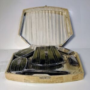 1920s, 30s Art Deco Elegant Vanity Dresser Set with Mirror and Accessories